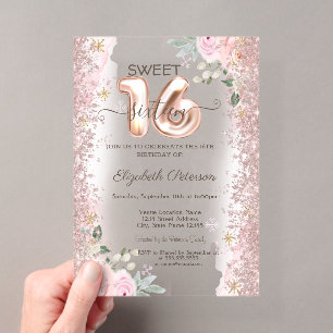 Moderne Glitter-Konfetti-Rosen aus Roségold Sweet Acryleinladungen