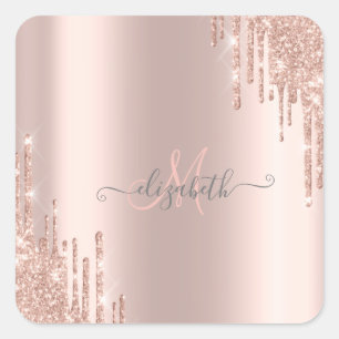 Moderne Glitter-Tropfen Roségold-Monogramm Quadratischer Aufkleber