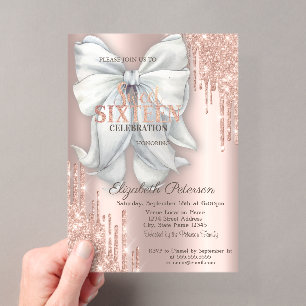 Moderne Glitter-Tropfen-Schleife Roségold Sweet 16 Acryleinladungen