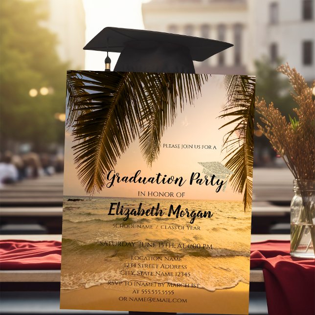 Moderne Glitzer Graduation Cap, Beach Palm Einladung (Von Creator hochgeladen)