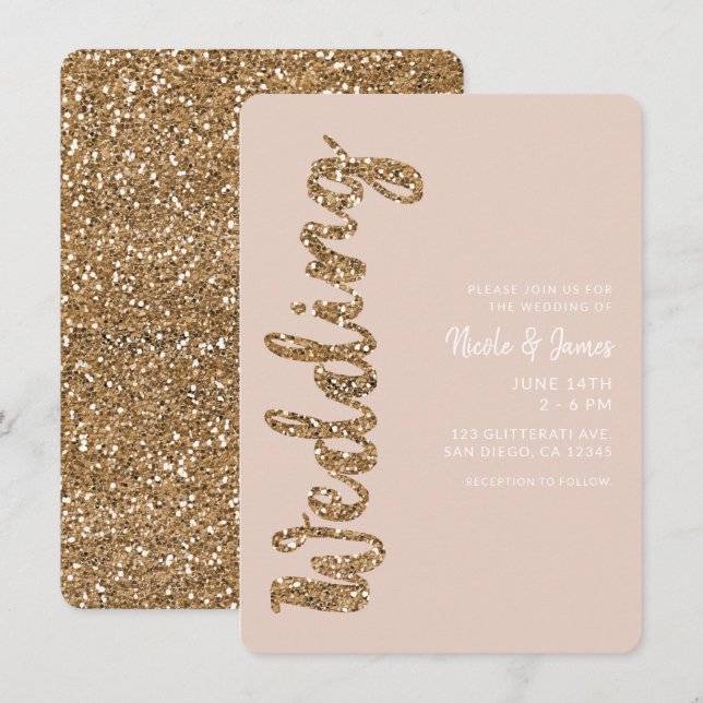 Moderne Glitzer Rose Gold Blush Glam Hochzeit Einladung (Vorne/Hinten)