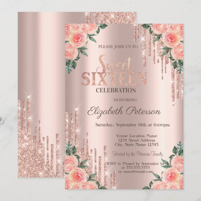 Moderne Glitzer Tropfen Blumenstrauß Rose Gold Swe Einladung (Vorne/Hinten)