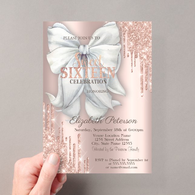 Moderne Glitzer Tropfen Bow Rose Gold Sweet 16 Acryleinladungen (Insitu (Handheld))