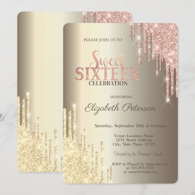 Moderne Glitzer Tropfen Champagne Gold Sweet 16 Einladung (Vorne/Hinten)