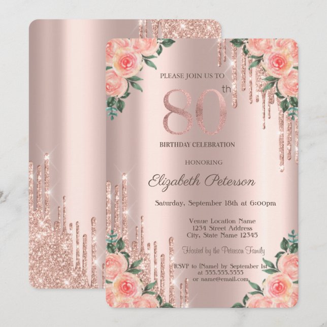 Moderne Glitzer Tropfen Floral Rose Gold 80. Einladung (Vorne/Hinten)