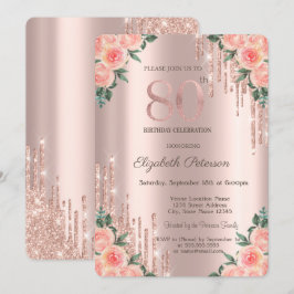 Moderne Glitzer Tropfen Floral Rose Gold 80. Einladung