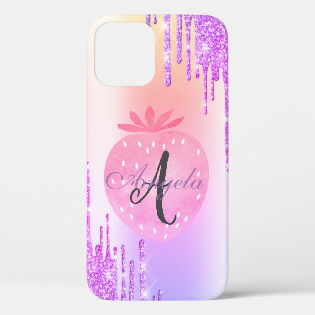 Moderne Glitzer-Tropfen, Ombre, Monogram-Erdbeere Case-Mate iPhone Hülle (Rückseite)