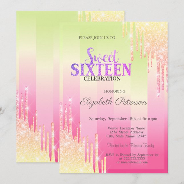 Moderne Glitzer Tropfen Ombre Stripes Sweet 16 Einladung (Vorne/Hinten)