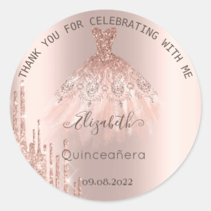 Moderne Glitzer Tropfen Rose Gold Dress Quinceañer Runder Aufkleber
