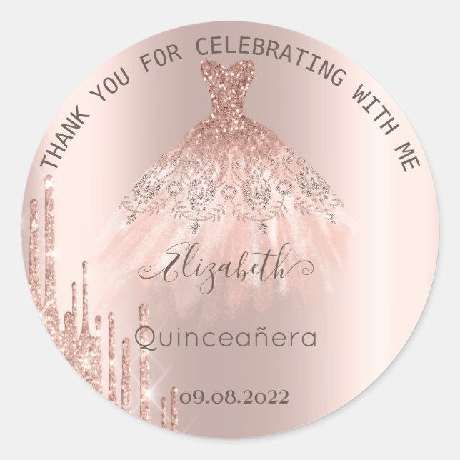 Moderne Glitzer Tropfen Rose Gold Dress Quinceañer Runder Aufkleber (Vorderseite)