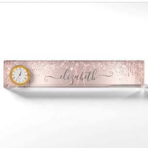 Moderne Glitzer Tropfen Rose Gold Dust Monogram Namensplakette
