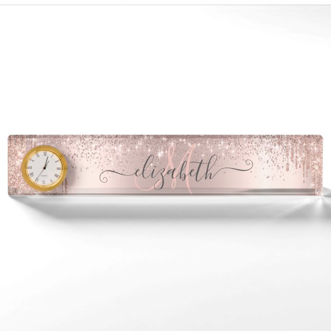 Moderne Glitzer Tropfen Rose Gold Dust Monogram Namensplakette (Vorderseite)