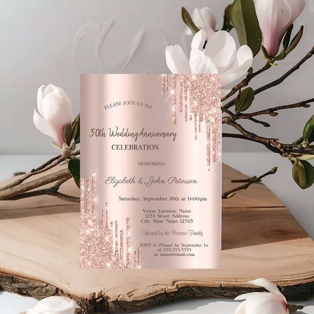 Moderne Glitzer Tropfen Rose Gold Hochzeit Jahrest Einladung (Von Creator hochgeladen)