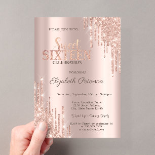 Moderne Glitzer Tropfen Rose Gold Sweet 16 Acryleinladungen