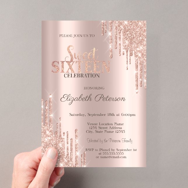 Moderne Glitzer Tropfen Rose Gold Sweet 16 Acryleinladungen (Insitu (Handheld))