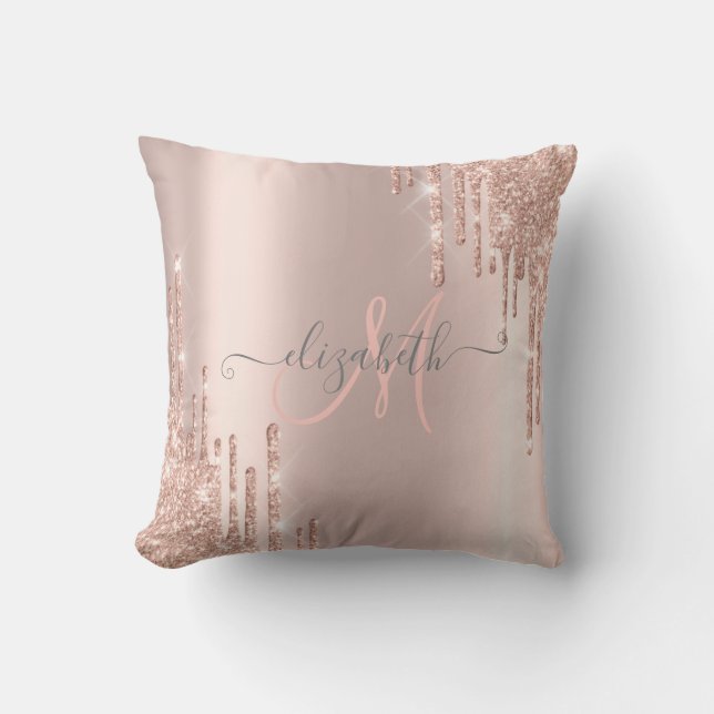 Moderne Glitzer Tropfen Rosen Gold Monogram Kissen (Vorderseite)