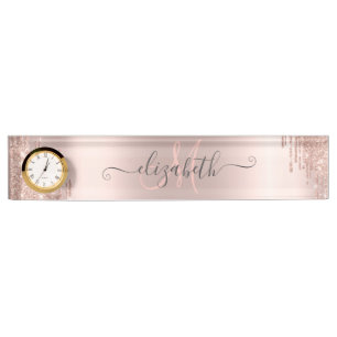 Moderne Glitzer Tropfen Rosen Gold Monogram Namensplakette