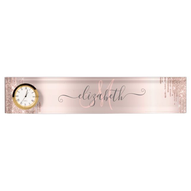 Moderne Glitzer Tropfen Rosen Gold Monogram Namensplakette (Vorderseite)