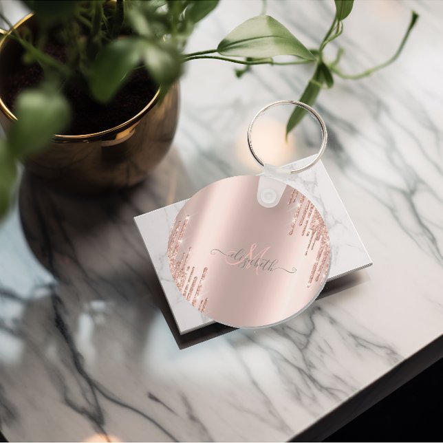 Moderne Glitzer Tropfen Rosen Gold Monogram Schlüsselanhänger (Von Creator hochgeladen)