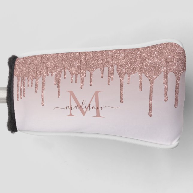 Moderne Glitzer Tropfen Rosen Gold Monogram Script Golf Headcover (Vorderseite)