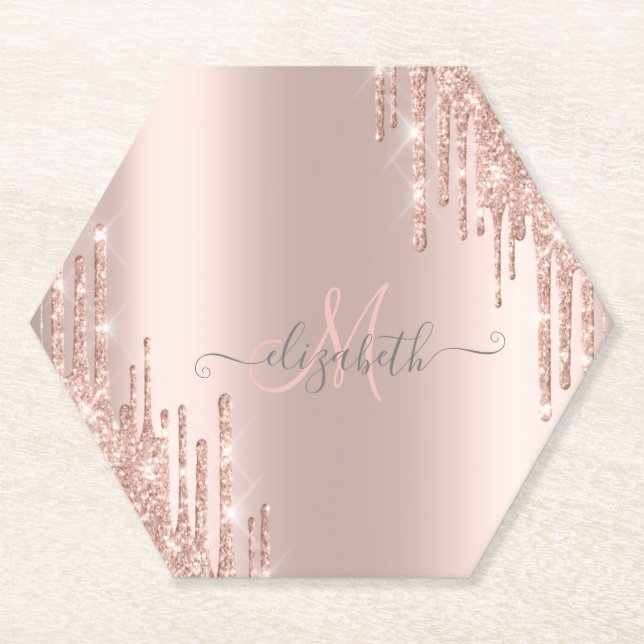 Moderne Glitzer Tropfen Rosen Gold Monogram Untersetzer (Vorderseite)