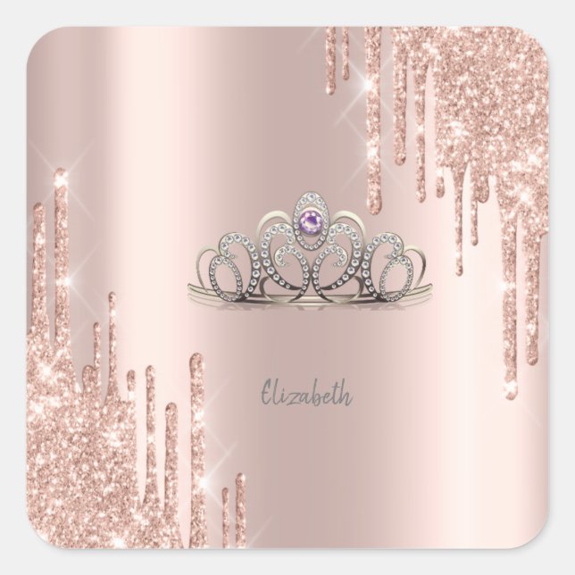 Moderne Glitzer Tropfen Rosen Gold Tiara Quadratischer Aufkleber (Vorderseite)