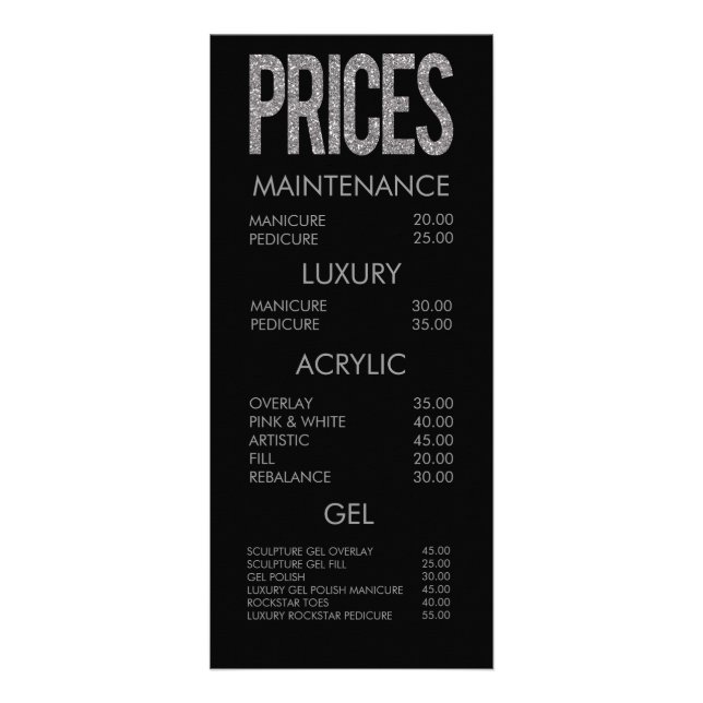 Moderne Glitzer Typografy Salon Menu Cards Werbekarte (Vorne)