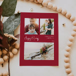 Moderne glückliche Ferien | Rotzentriertes Drei-Fo Feiertagskarte<br><div class="desc">Ein moderner Urlaub | Rot zentrierte Drei-Foto-Urlaubskarte ist perfekt für Ihr minimalistisches Shabby Chic rot-weiß-grüßen Urlaub. Die minimale whimsical handgeschriebene Kalligraphie ist delikat und rustikal, bleibe elegant und elegant. Sie werden feststellen, dass alles über dieses Produkt bearbeitbar ist, also fühlen Sie sich frei, Bilder oder mehr Text hinzuzufügen. Wenn Sie...</div>