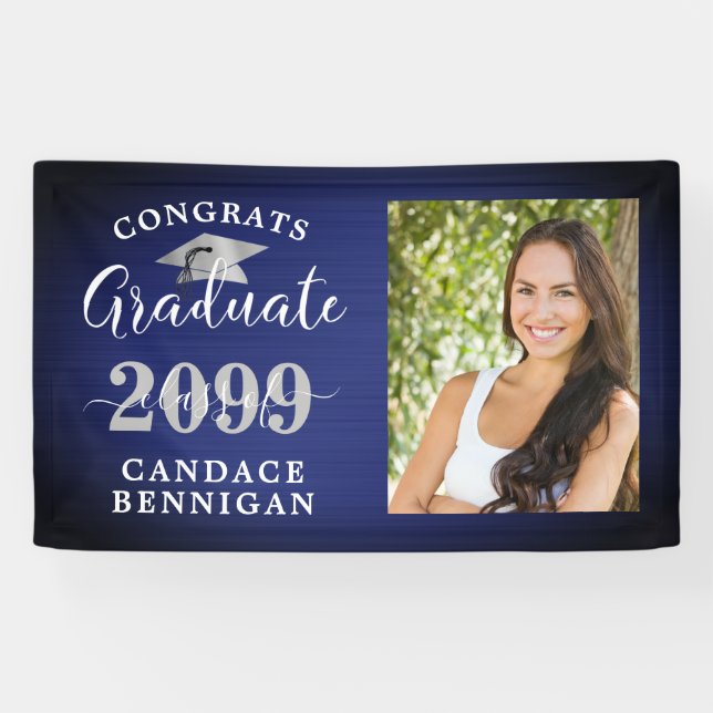 Moderne Glückwunsch Grad Foto Navy Blue Silver Banner (Horizontal)