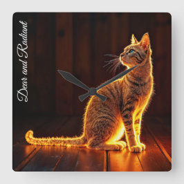 Moderne Glühtabby Katzenblau Augen Fantasie Kunst Quadratische Wanduhr