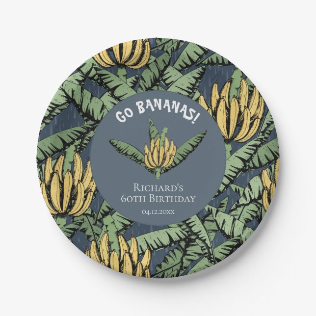 Moderne Go Bananen Navy Blue Yellow Banana Blätter Pappteller (Vorderseite)