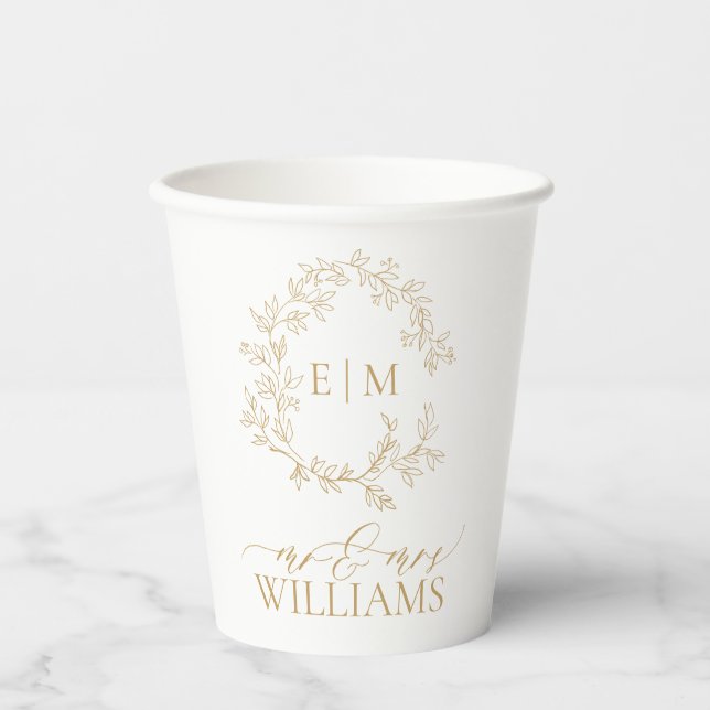 Moderne Gol Leafy Wappen Monogram Wedding Paper Cu Pappbecher (Vorderseite)