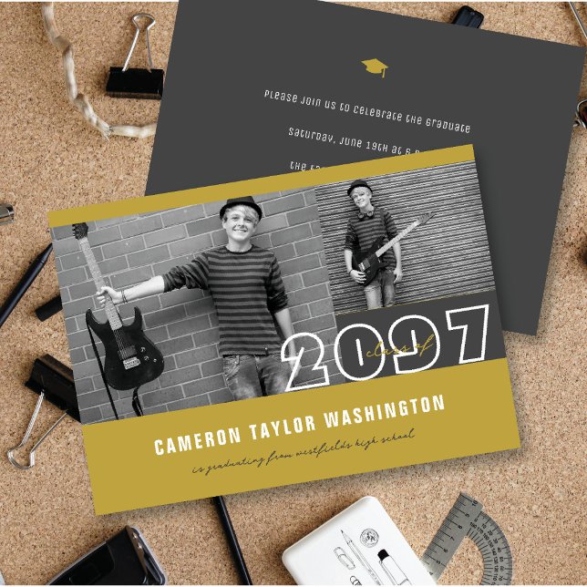 Moderne Gold 2 Foto Blocks Simple Graduation Party Einladung (Modern Gold 2 Photo Blocks Simple Graduation Announcement & Party Invitation @ fatfatin)