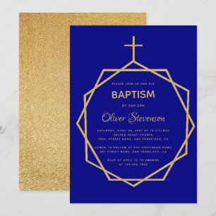 Moderne Gold auf marineblauer geometrischer Taufe  Einladung