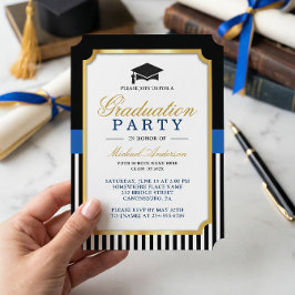 Moderne Gold Black Blue Stripes Graduierungsparty Einladung
