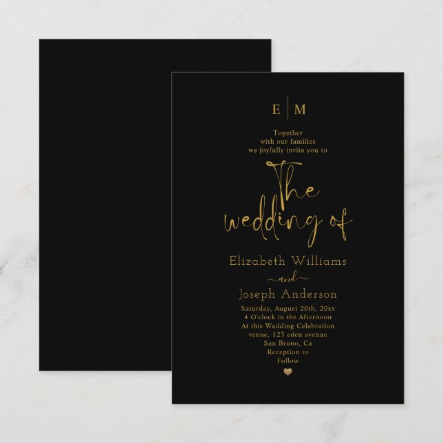 Moderne Gold & Black Calligraphy Monogram Hochzeit Einladung (Vorne/Hinten)