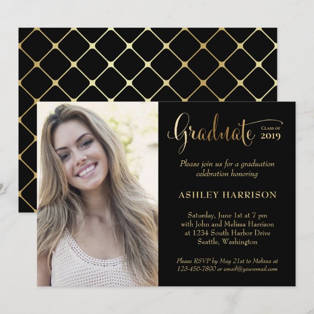 Moderne Gold Black Foto Graduation Party Einladung (Vorne/Hinten)