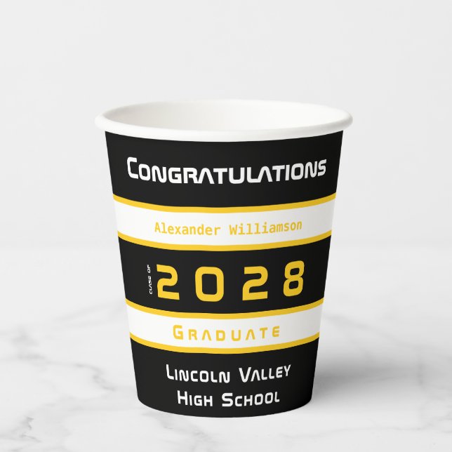 Moderne Gold Black Graduation Party Pappbecher (Vorderseite)