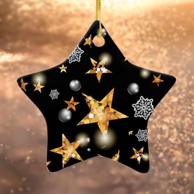 Moderne Gold Black Metallic Stars Frohe Weihnachte Keramik Ornament (Von Creator hochgeladen)