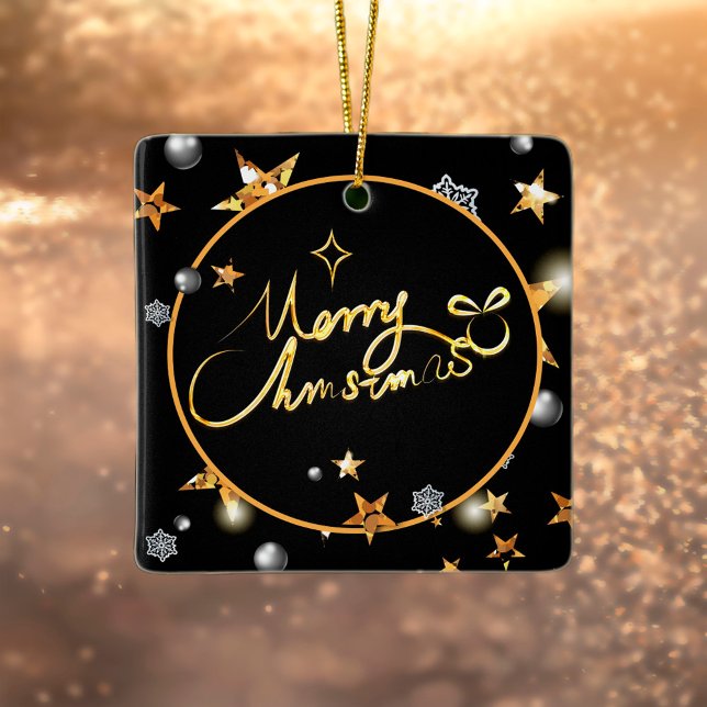 Moderne Gold Black Metallic Stars Frohe Weihnachte Keramikornament (Von Creator hochgeladen)