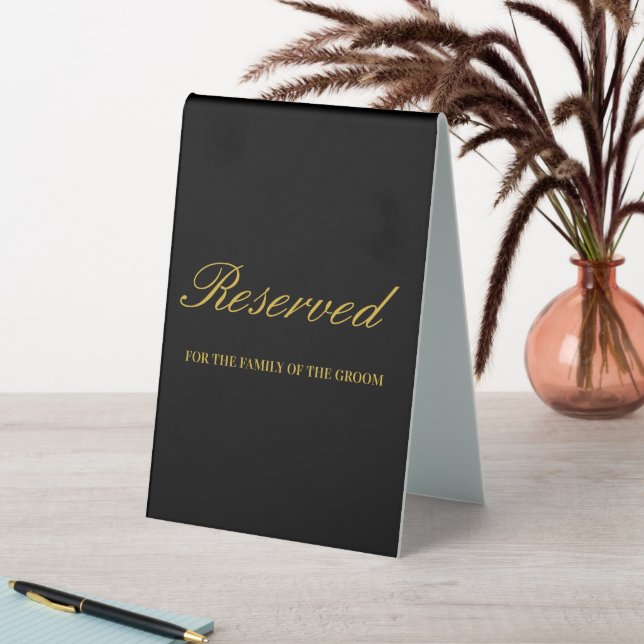 Moderne Gold Black Script-Hochzeit vorbehalten Tischaufsteller (In Situ (Tisch))