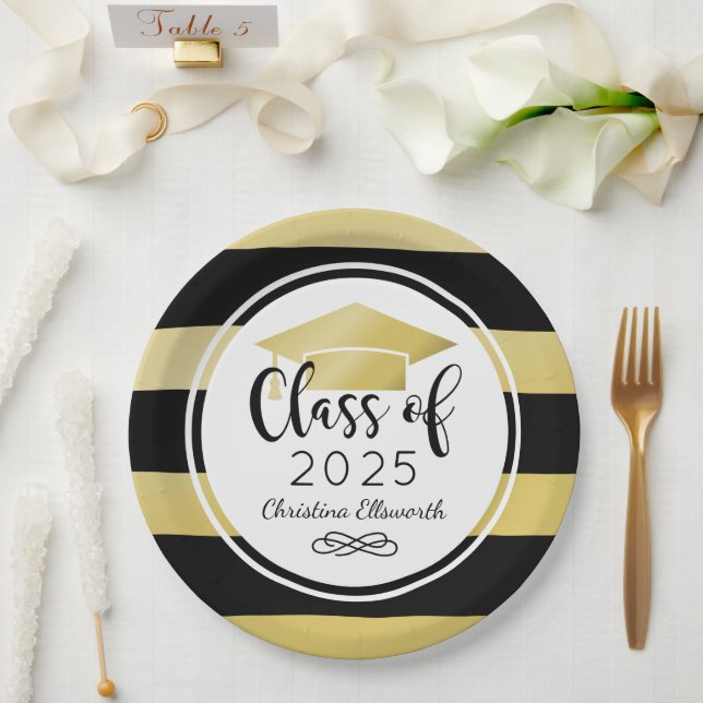 Moderne Gold Black Stripes Custom Graduation Party Pappteller (Hochzeit)