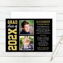 Moderne Gold Black Two Foto Graduation Party Einladung