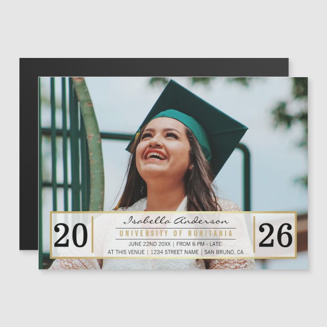 Moderne Gold Black & White Graduation Party | Foto Magneteinladung (Vorne/Hinten)
