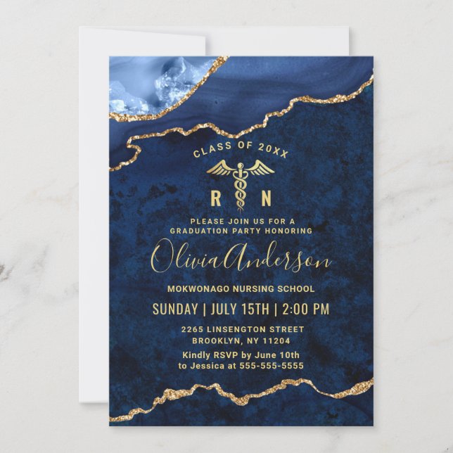 Moderne Gold Blue Nursing School Graduation Party Einladung (Vorderseite)
