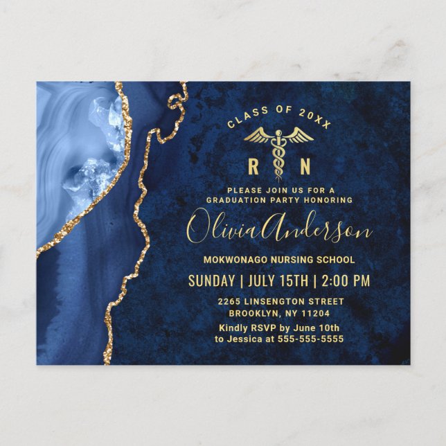Moderne Gold Blue RN Graduierungsparty Einladung Postkarte (Vorderseite)