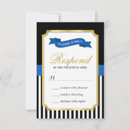 Moderne Gold Blue Schwarz-weiß Strips RSVP Card Karte