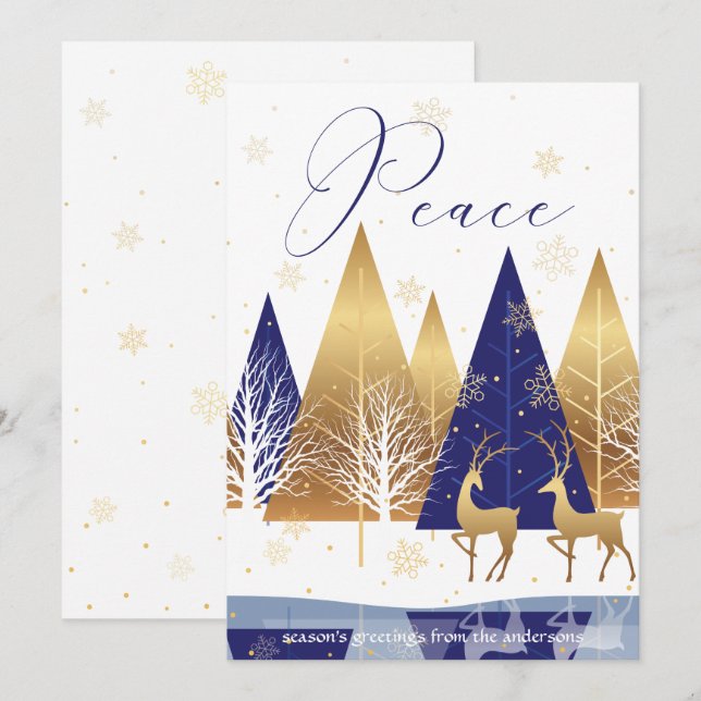 Moderne Gold Blue Trees Deer Peace Holiday Gruß Einladung (Vorne/Hinten)