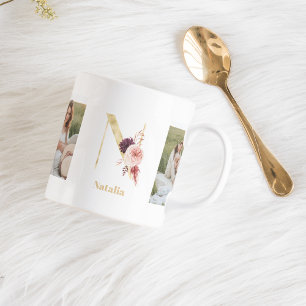 Moderne Gold-Blumen-Buchstabe N Zwei-Foto-Monogr Kaffeetasse