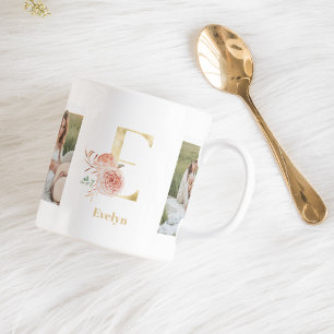 Moderne Gold-Blumen-Initiale E Zweifoto-Monogram Kaffeetasse